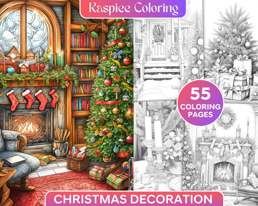55 Christmas Decoration Grayscale Coloring Pages Printable for Adults, PDF File Instant Download