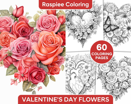 60 Valentine's Day Flowers Grayscale Adult Coloring Pages, Printable PDF Instant Download