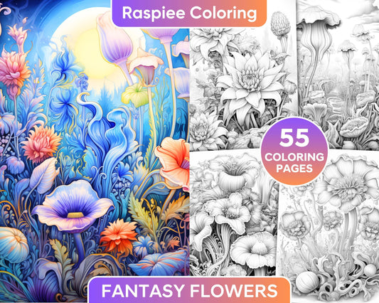 55 Fantasy Flowers Grayscale Coloring Pages for Adults, Printable PDF File Instant Download
