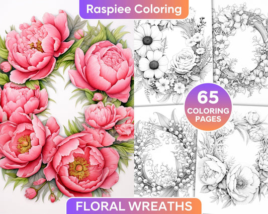 65 Spring Floral Wreaths Grayscale Adult Coloring Pages, Printable PDF Instant Download