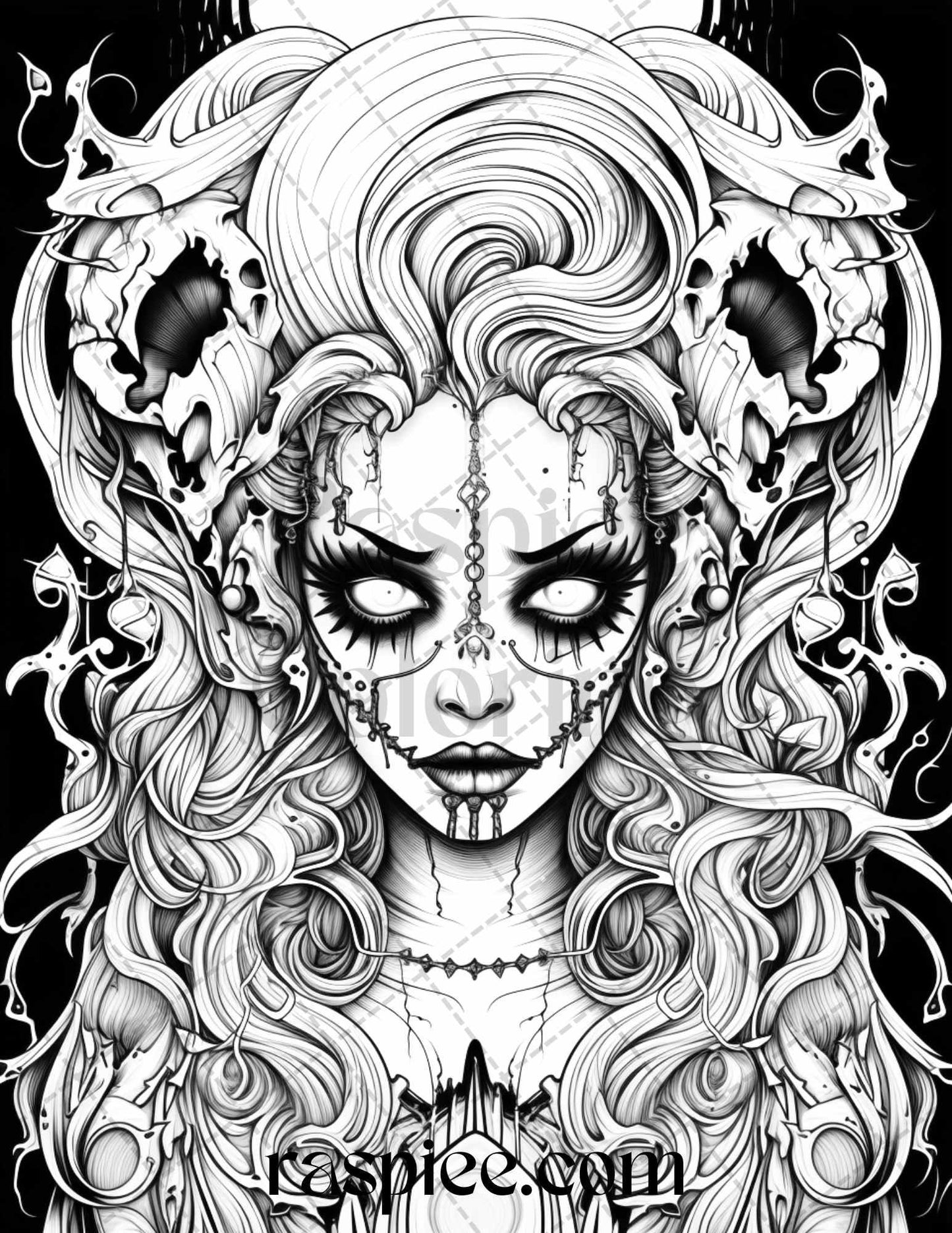 50 Spooky Miss Nightmare Grayscale Coloring Pages Printable for Adults, PDF File Instant Download