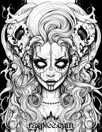 50 Spooky Miss Nightmare Grayscale Coloring Pages Printable for Adults, PDF File Instant Download