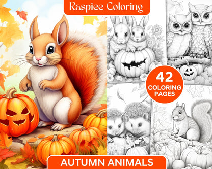 Autumn Animals Grayscale Coloring Pages for Adults and Kids, Printable PDF File Instant Download