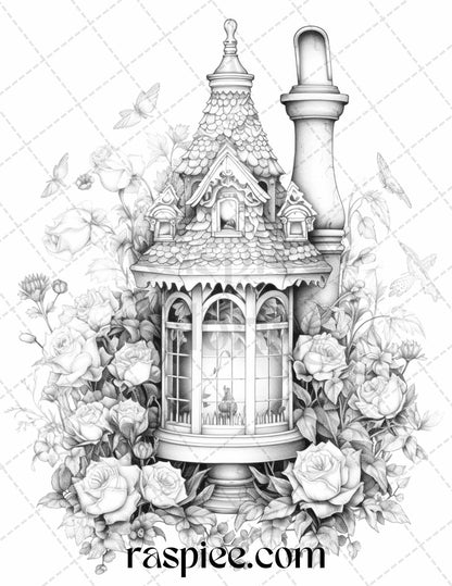 50 Lantern Fairy Houses Grayscale Coloring Pages Printable for Adults, PDF File Instant Download
