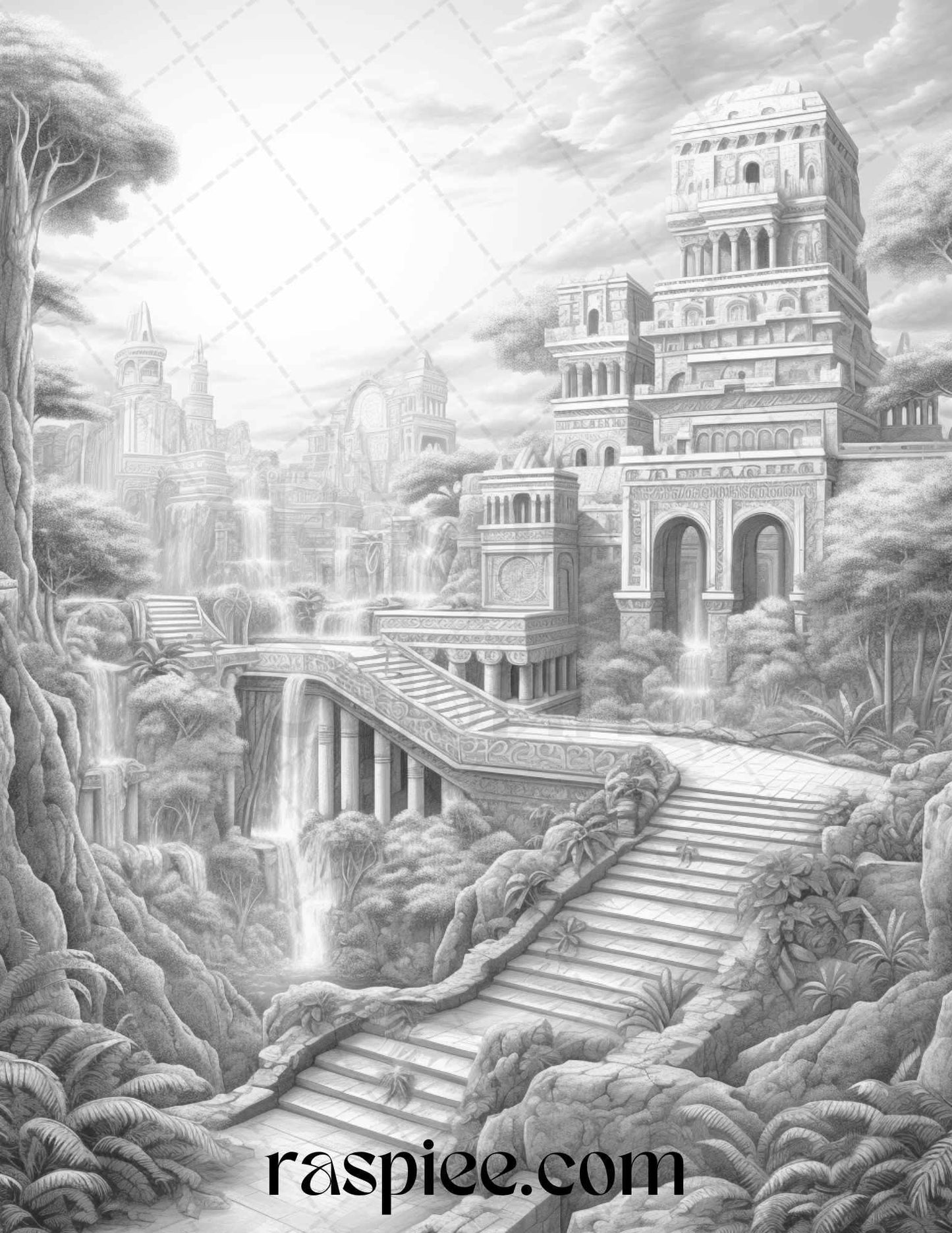 Hanging Gardens of Babylon Grayscale Coloring Pages Printable, PDF File Instant Download