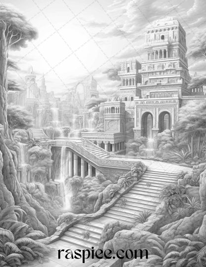 Hanging Gardens of Babylon Grayscale Coloring Pages Printable, PDF File Instant Download