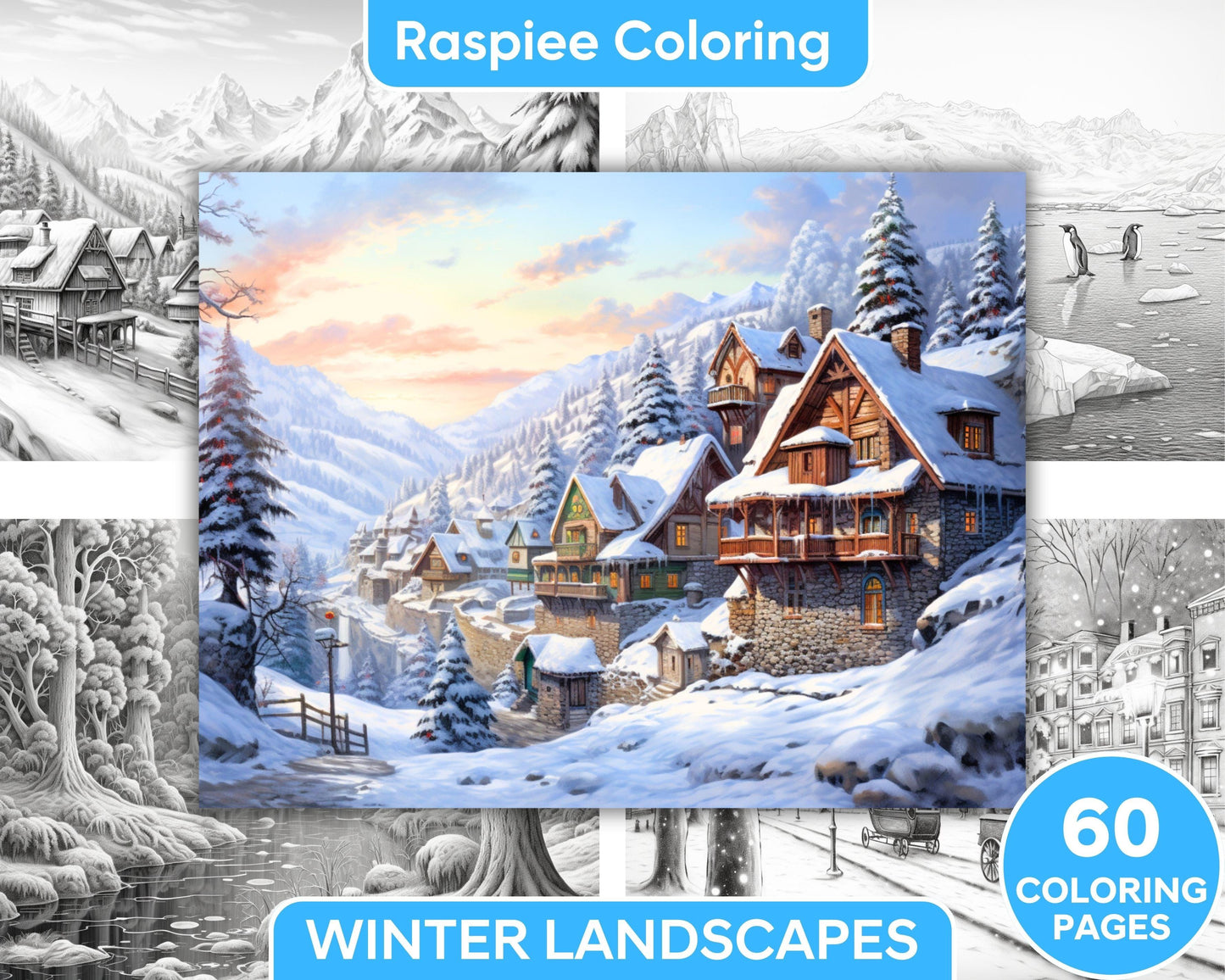 60 Enchanting Winter Landscapes Grayscale Coloring Pages for Adults, Instant PDF Download