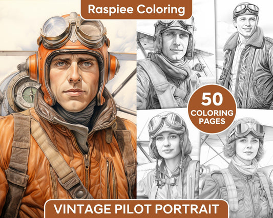 50 Vintage Pilot Portrait Grayscale Adult Coloring Pages, Printable PDF Instant Download