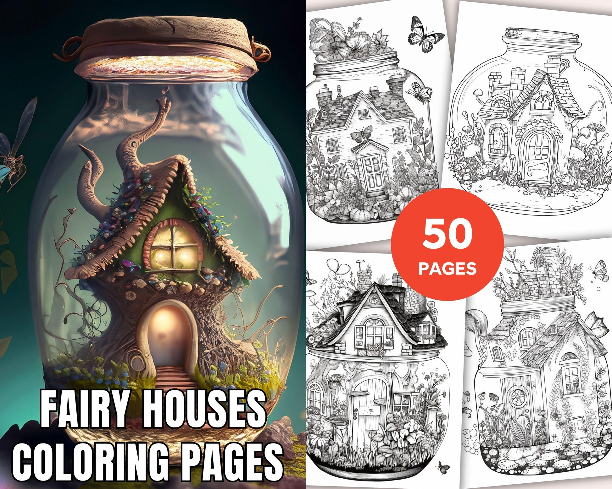 50 Printable Fairy Houses in Jar Coloring Pages for Adults, Grayscale Coloring Book, Stress Relief Coloring Pages, Printable PDF Instant Download