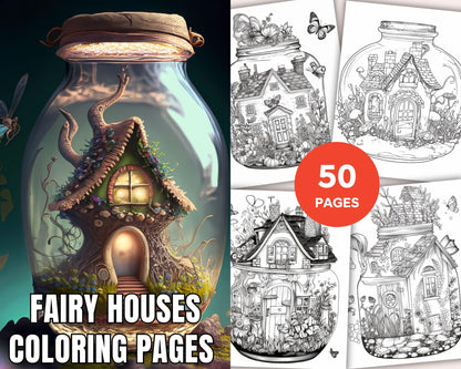 50 Printable Fairy Houses in Jar Coloring Pages for Adults, Grayscale Coloring Book, Stress Relief Coloring Pages, Printable PDF Instant Download