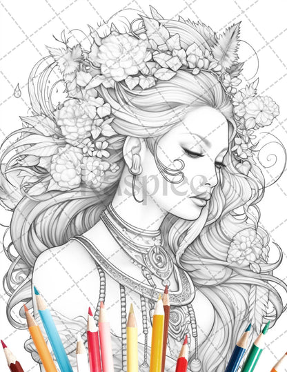 35 Beautiful Printable Elf Girls Coloring Book for Adults, Grayscale Coloring Page, PDF File Instant Download