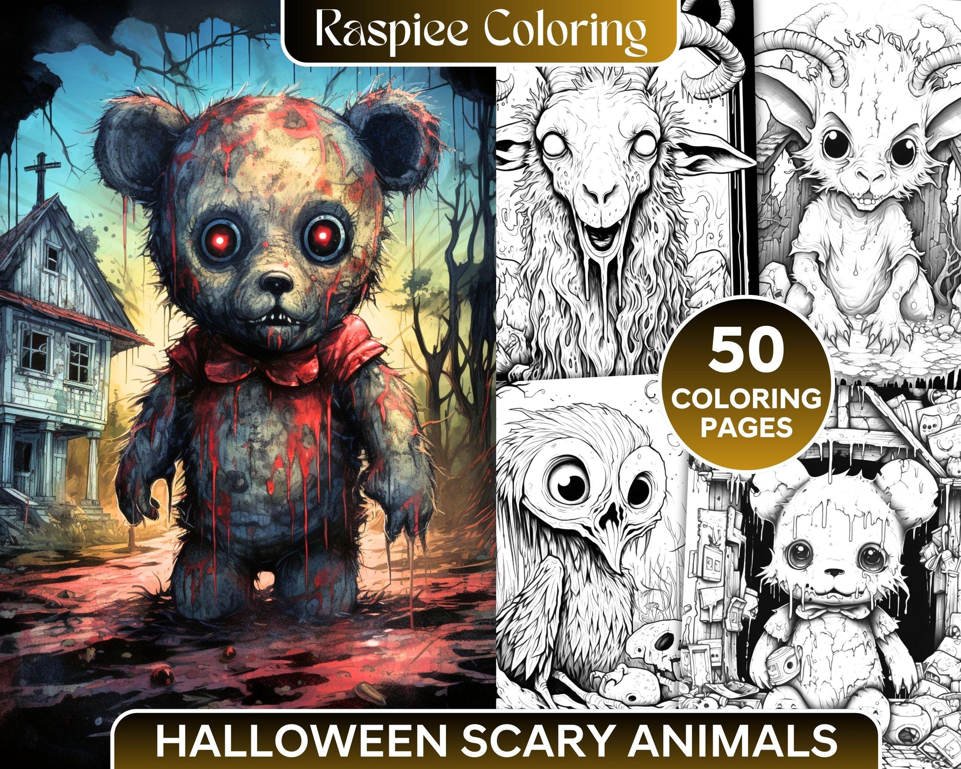 50 Halloween Scary Animals Grayscale Coloring Pages Printable for Adults, PDF File Instant Download
