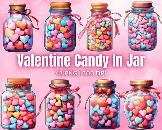 Valentine Candy In Jar Clip Art Bundle, 43 PNG High-Res Files for Commercial Use