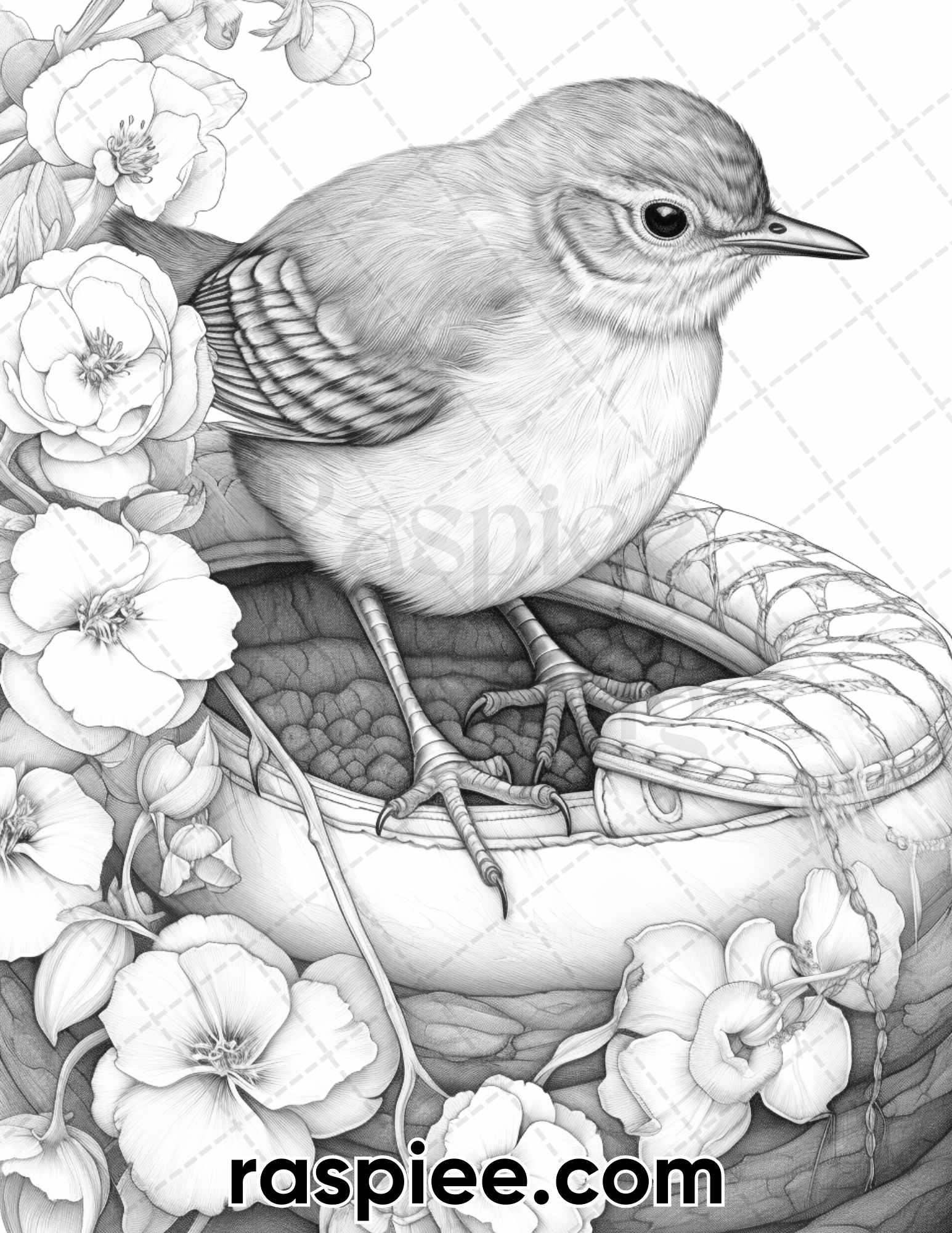 60 Spring Birds Grayscale Adult Coloring Pages, Printable PDF Instant Download