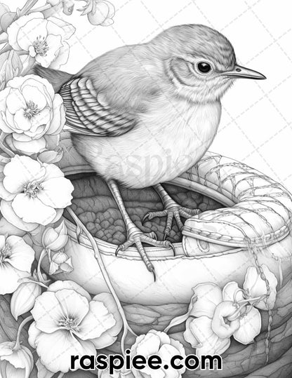 60 Spring Birds Grayscale Adult Coloring Pages, Printable PDF Instant Download