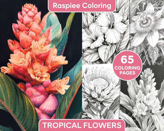 65 Tropical Flowers Grayscale Adult Coloring Pages Printable PDF Instant Download