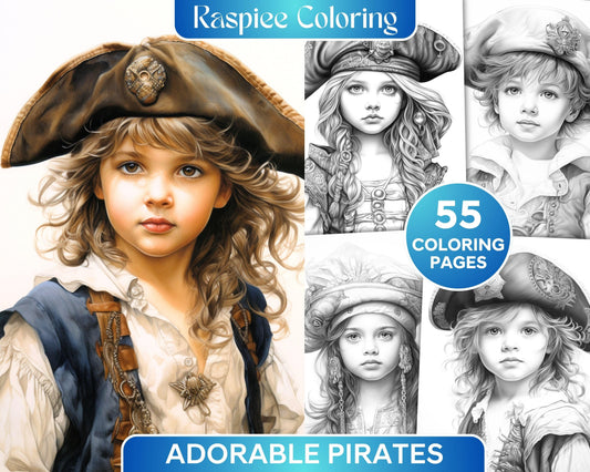 55 Adorable Pirates Grayscale Coloring Pages Printable for Adults, PDF File Instant Download