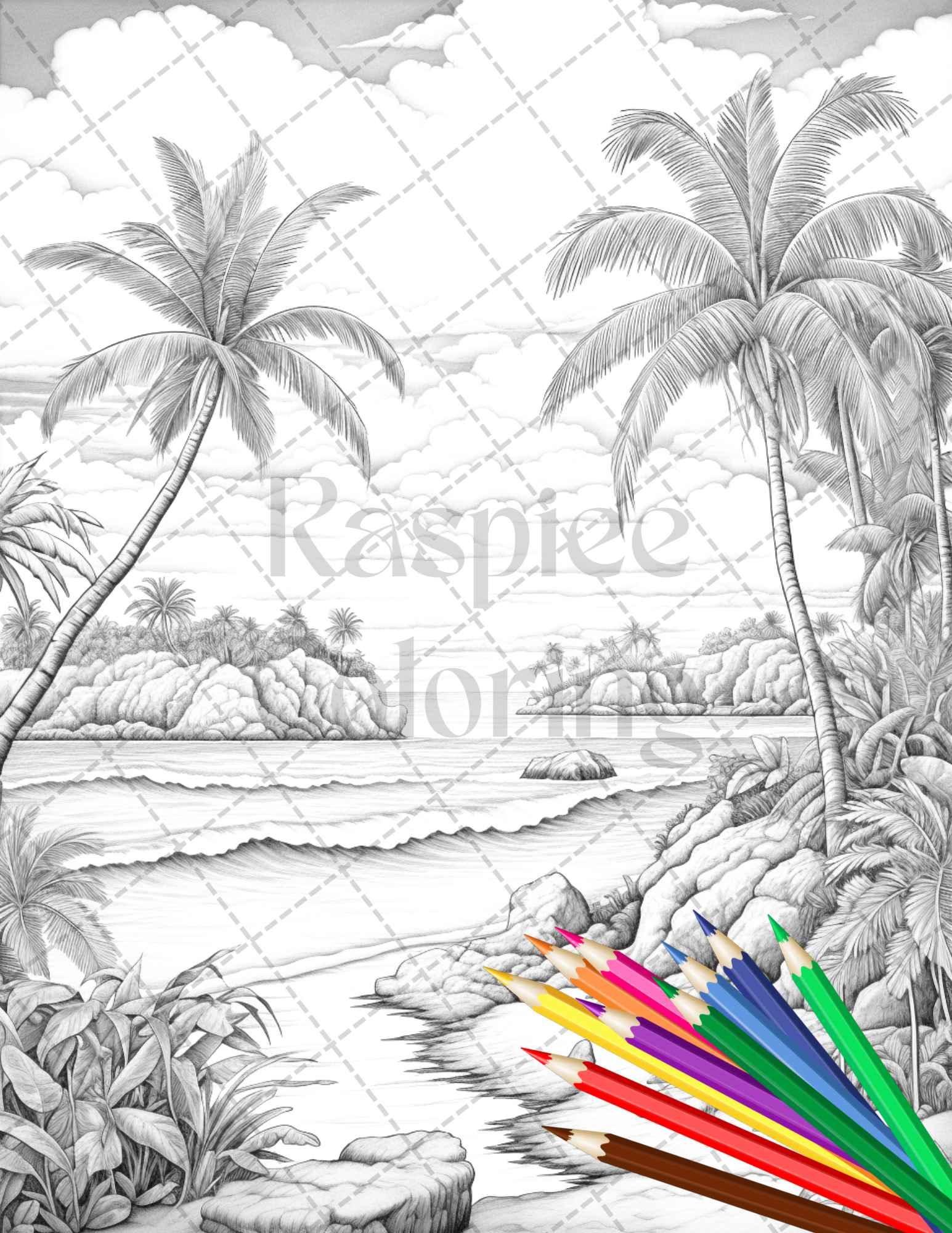 Beautiful Tropical Beach Grayscale Coloring Pages Printable for Adults, PDF File Instant Download
