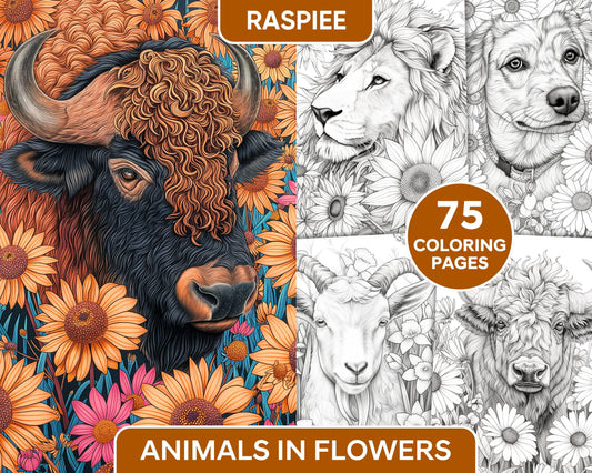 75 Animals in Flowers Grayscale Adult Coloring Pages Printable PDF Instant Download