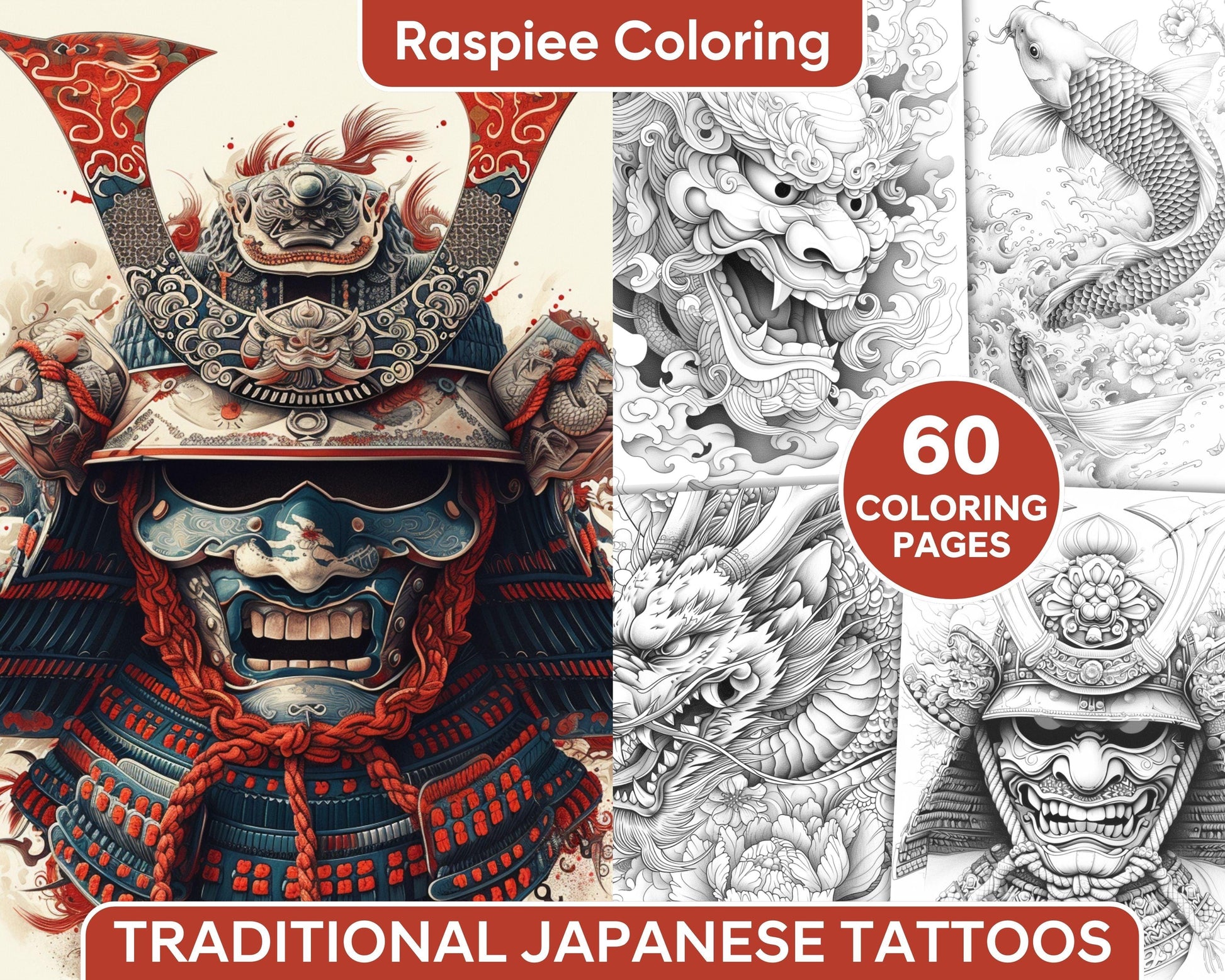 60 Traditional Japanese Tattoos Grayscale Adult Coloring Pages, Printable PDF Instant Download