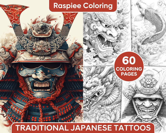 60 Traditional Japanese Tattoos Grayscale Adult Coloring Pages, Printable PDF Instant Download