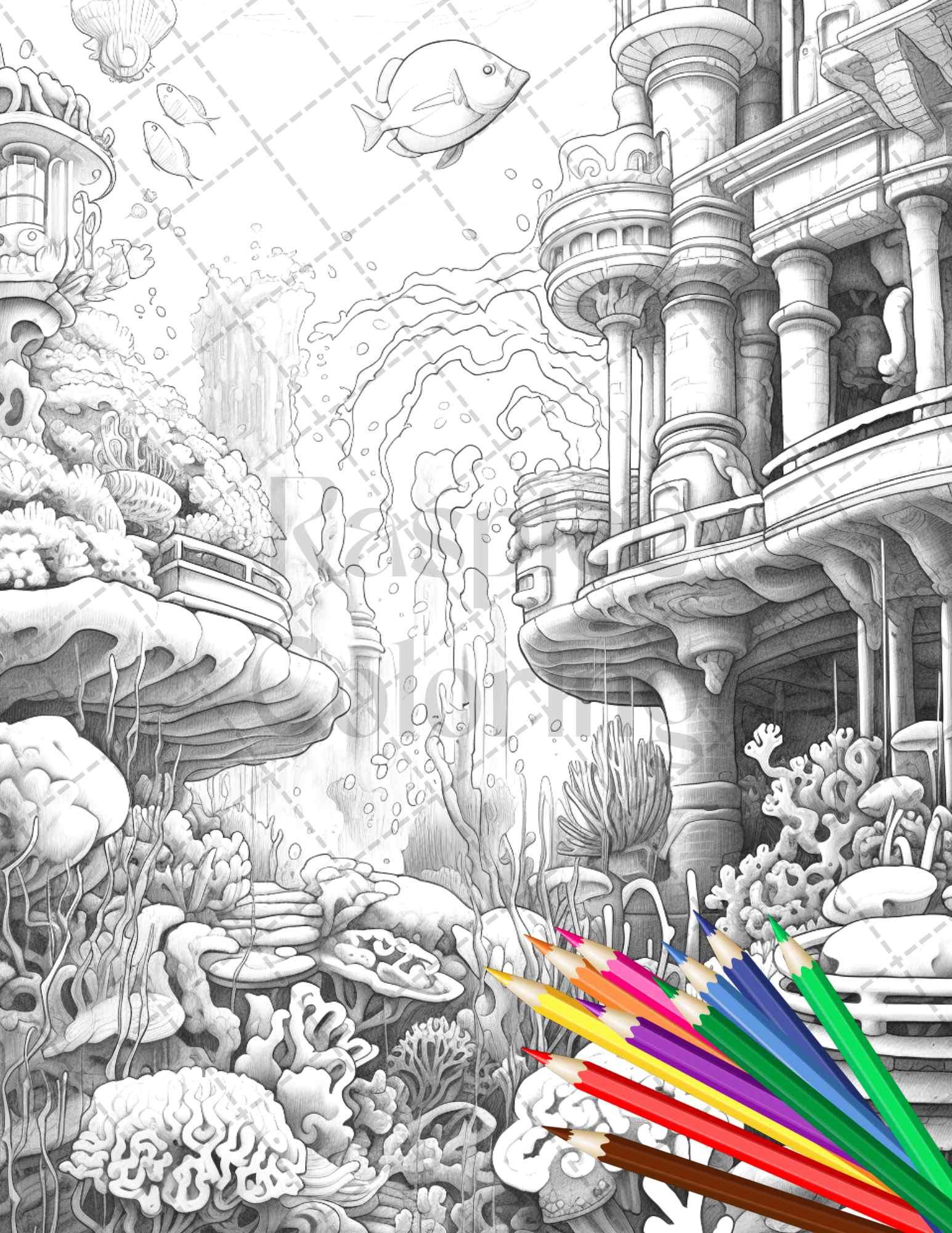 Enchanted Underwater City Grayscale Coloring Pages Printable for Adults, PDF File Instant Download