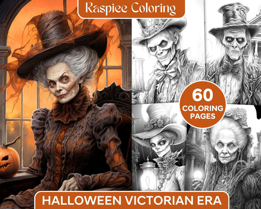 60 Halloween Victorian Era Grayscale Coloring Pages Printable for Adults, PDF File Instant Download