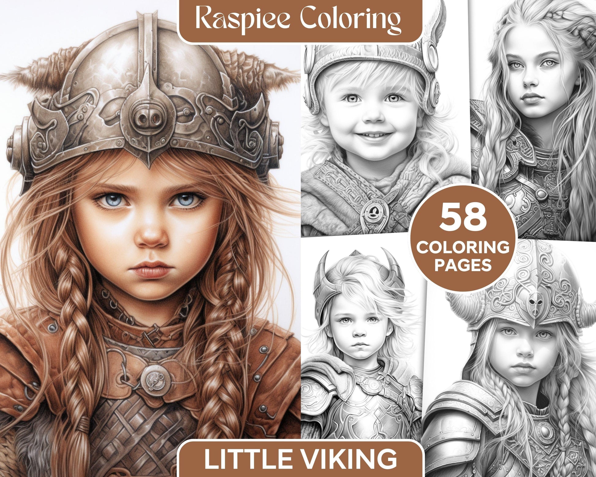 58 Little Viking Girls Boys Portrait Grayscale Coloring Pages Printable, PDF File Instant Download
