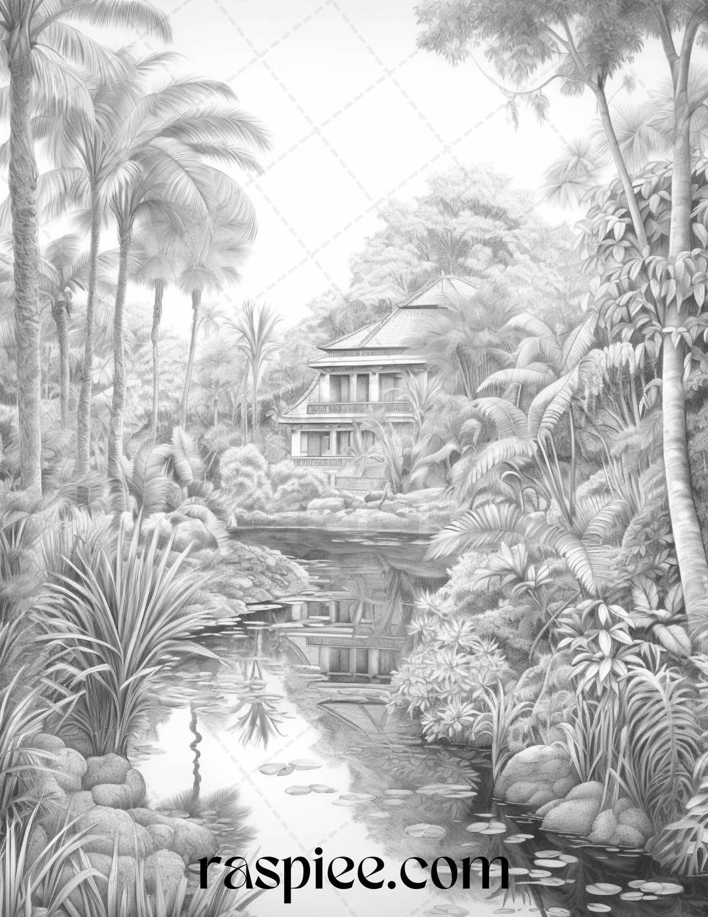 52 Tropical Oasis Grayscale Coloring Pages Printable for Adults, PDF File Instant Download