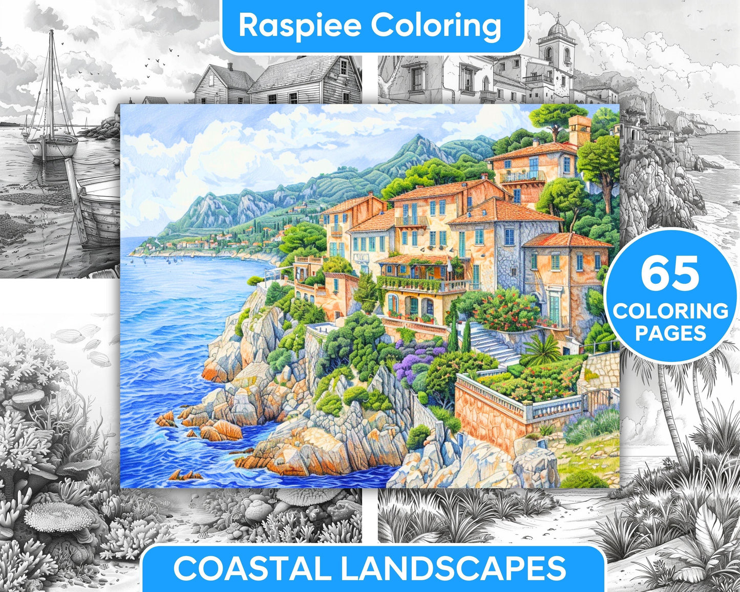 65 Coastal Landscapes Grayscale Adult Coloring Pages, Printable PDF Instant Download