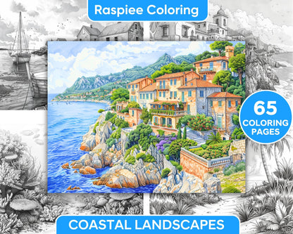 65 Coastal Landscapes Grayscale Adult Coloring Pages, Printable PDF Instant Download