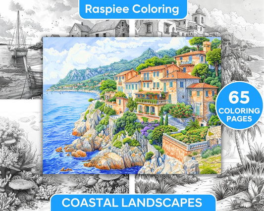 65 Coastal Landscapes Grayscale Adult Coloring Pages, Printable PDF Instant Download