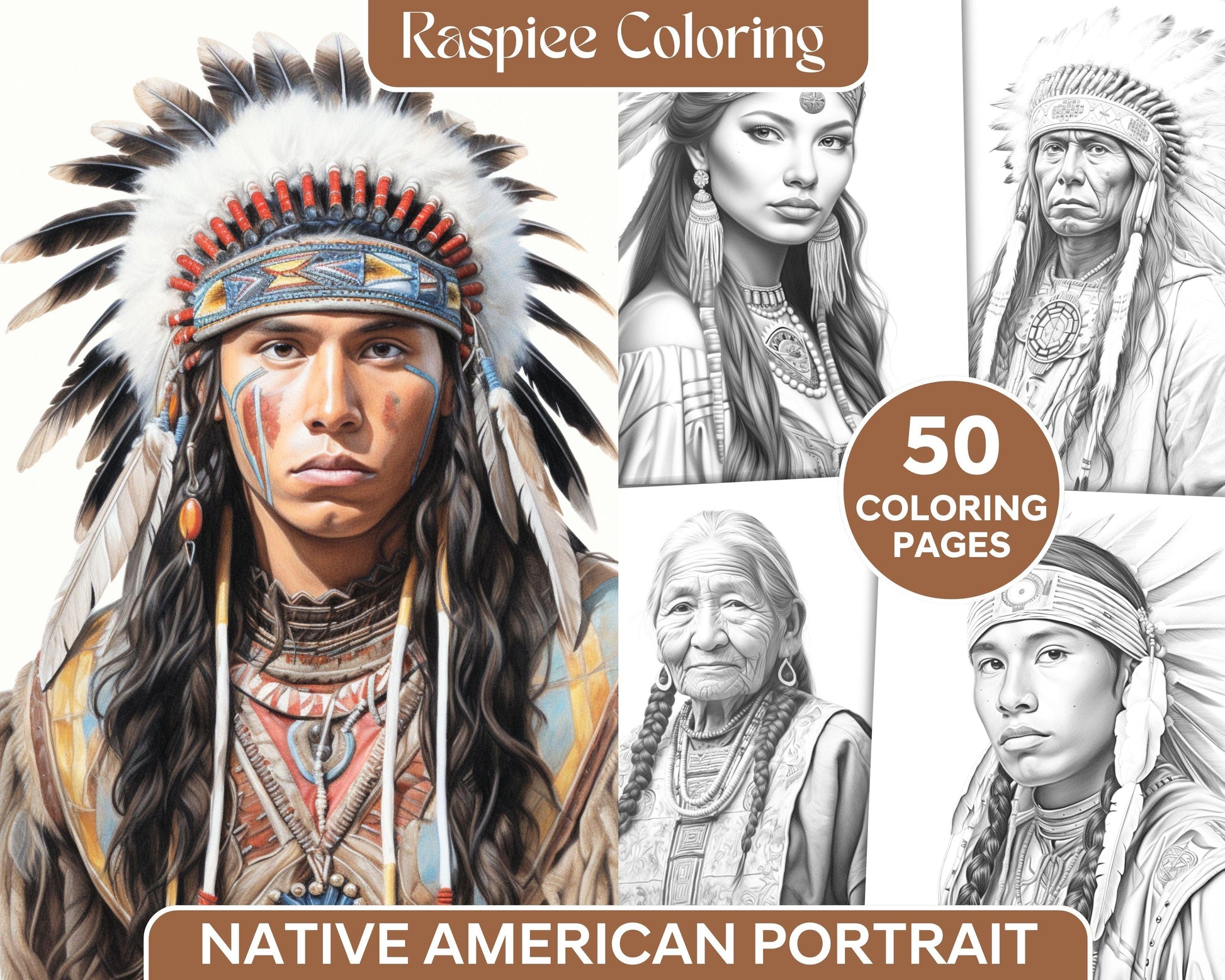 Native American Portrait Grayscale Coloring Pages Printable for Adults, PDF File Instant Download
