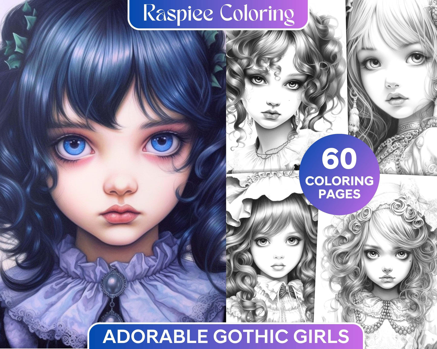 60 Adorable Gothic Girls Grayscale Coloring Pages Printable for Adults, PDF File Instant Download