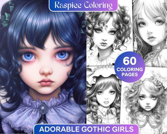 60 Adorable Gothic Girls Grayscale Coloring Pages Printable for Adults, PDF File Instant Download