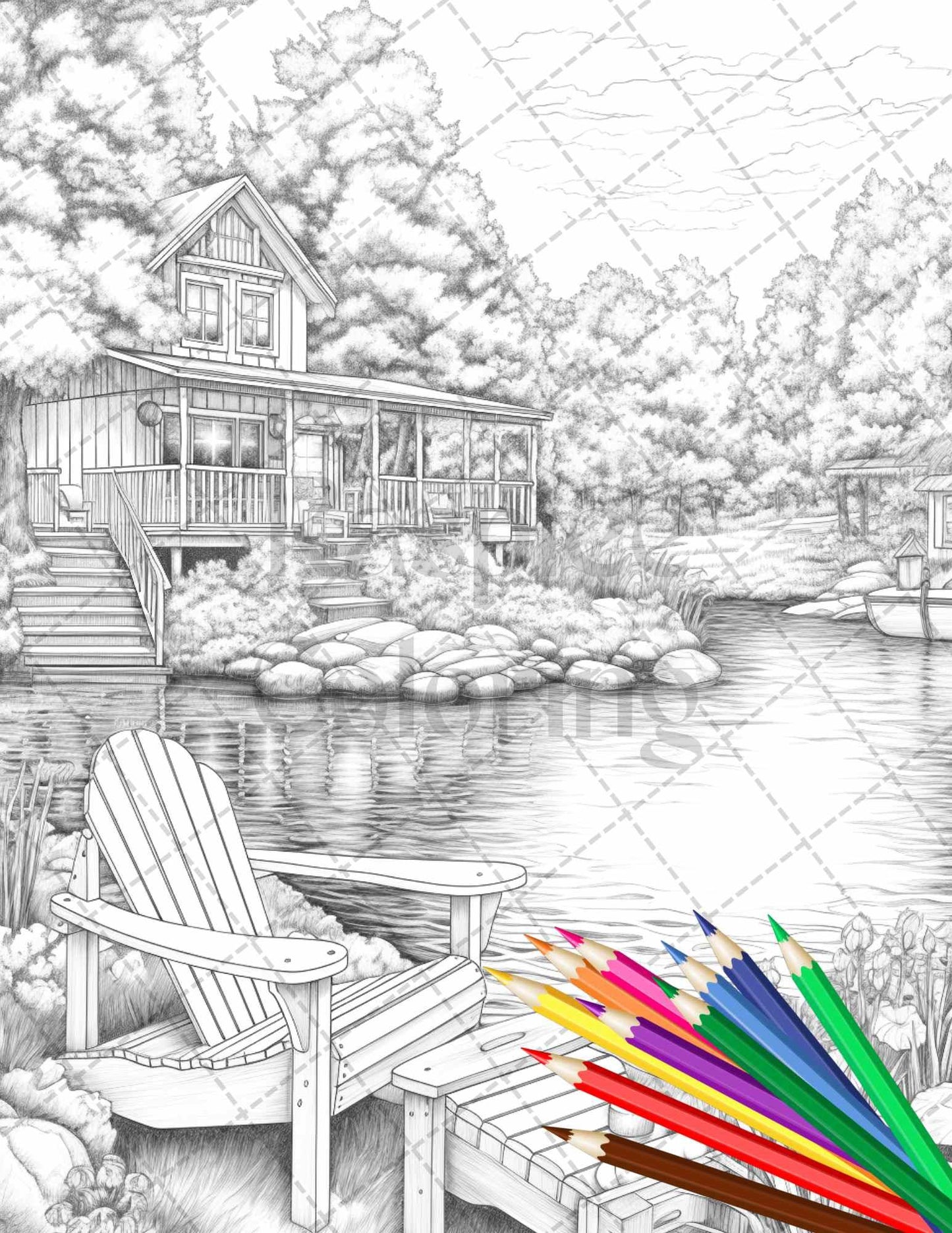 Lake Cabin Scenery Grayscale Coloring Pages Printable for Adults, PDF File Instant Download