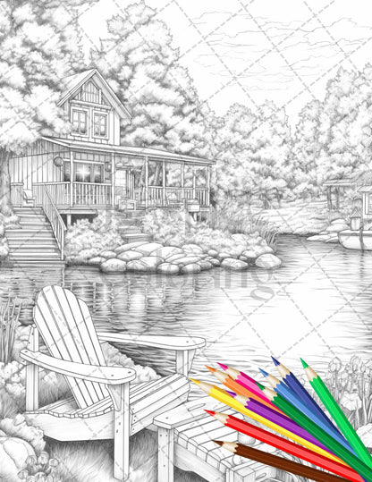 Lake Cabin Scenery Grayscale Coloring Pages Printable for Adults, PDF File Instant Download