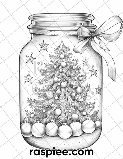 60 Christmas In Jar Grayscale Coloring Pages for Adults, Printable PDF Instant Download