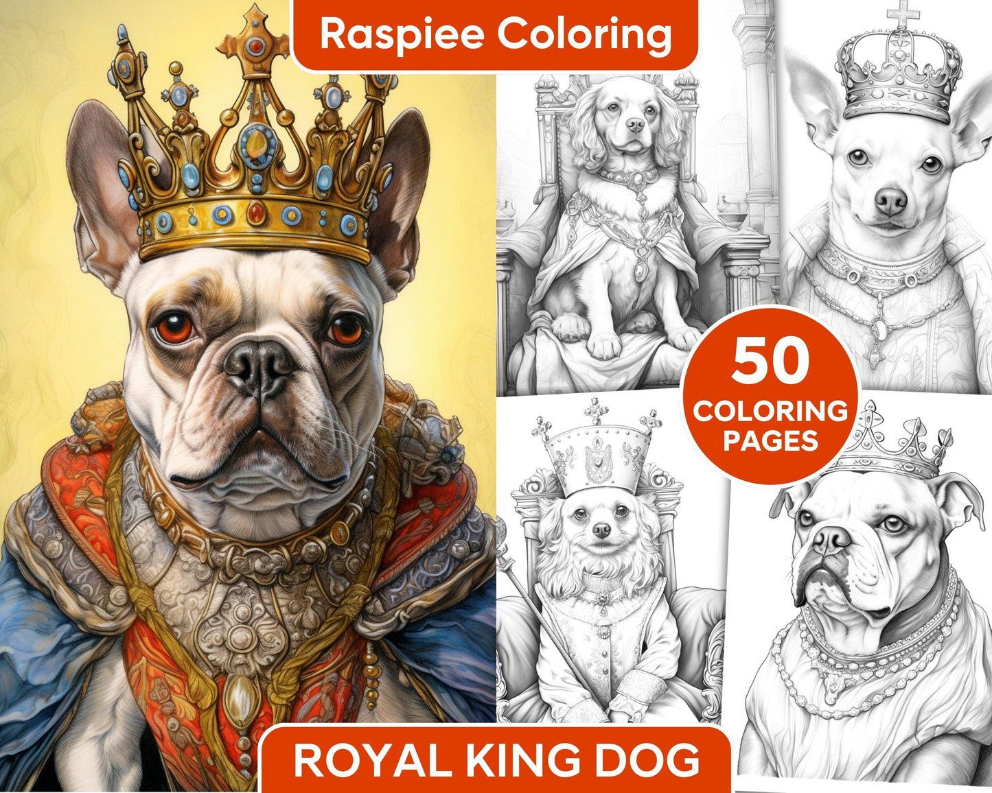 50 Royal King Dog Grayscale Coloring Pages for Adults, Printable PDF Instant Download
