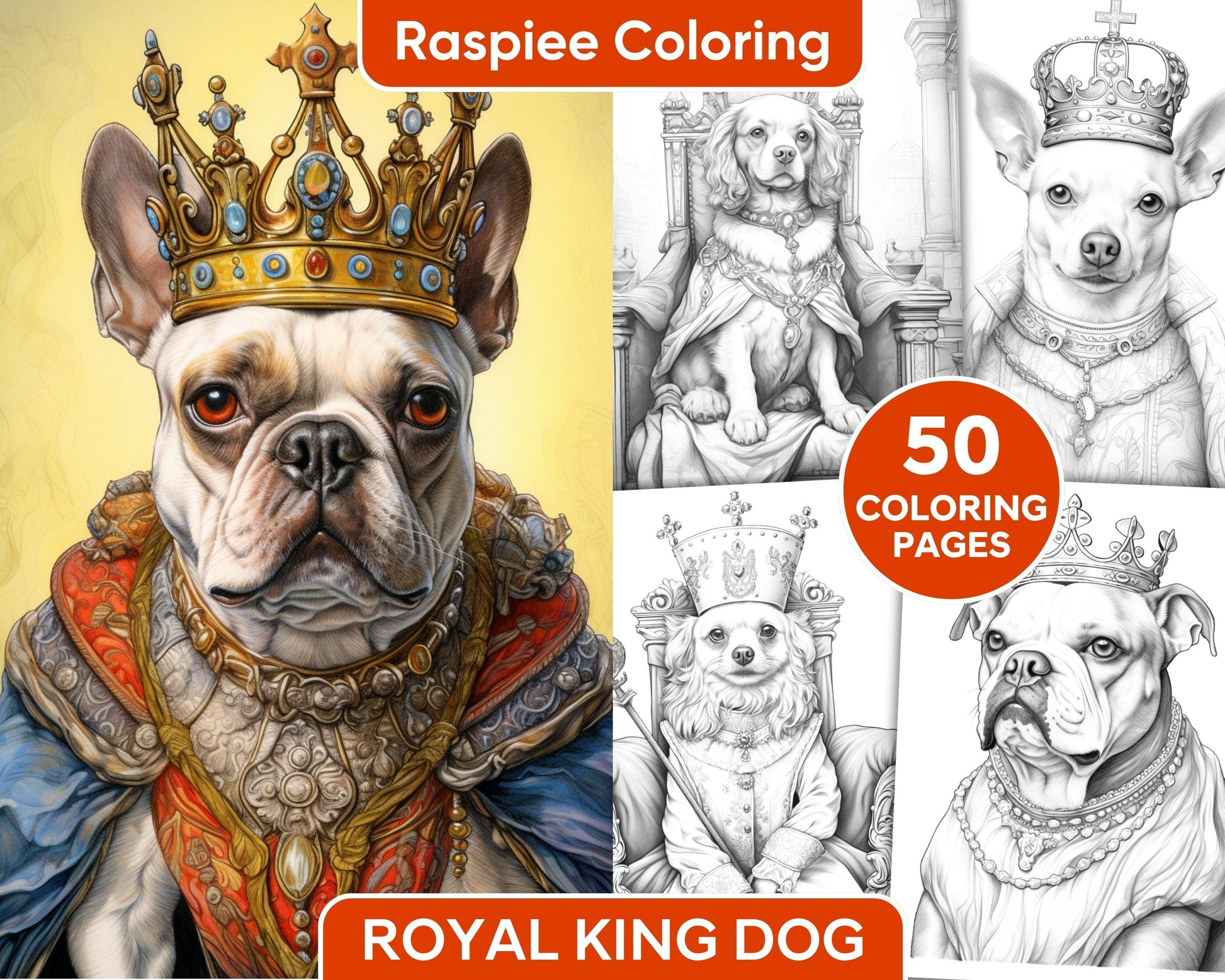 50 Royal King Dog Grayscale Coloring Pages for Adults, Printable PDF Instant Download