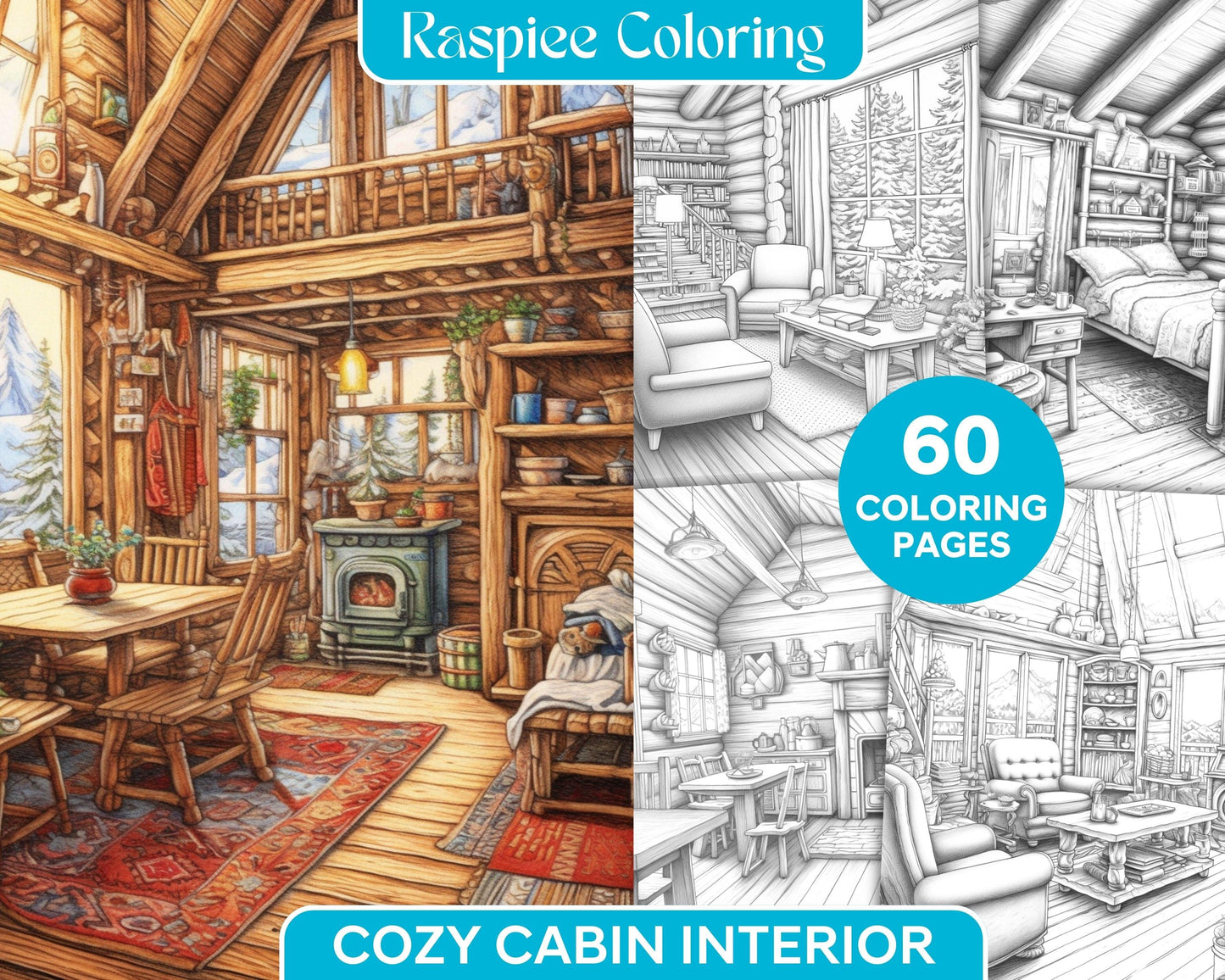 Cozy Cabin Interior Grayscale Coloring Pages Printable for Adults, PDF File Instant Download