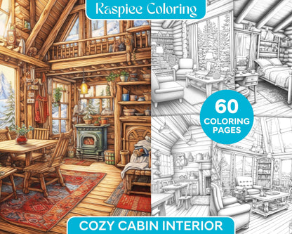 Cozy Cabin Interior Grayscale Coloring Pages Printable for Adults, PDF File Instant Download