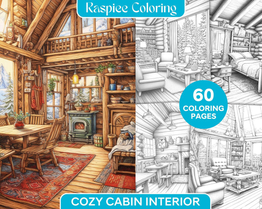 Cozy Cabin Interior Grayscale Coloring Pages Printable for Adults, PDF File Instant Download