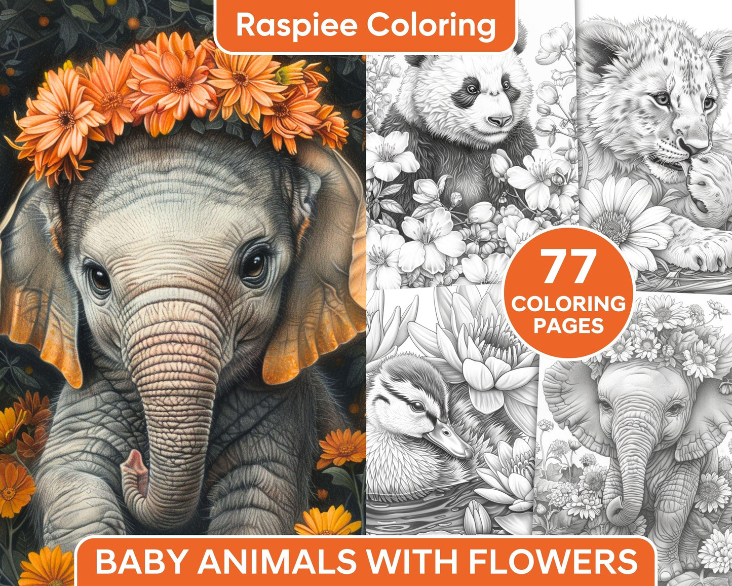 77 Baby Animals with Flowers Grayscale Adult Coloring Pages Printable PDF Instant Download