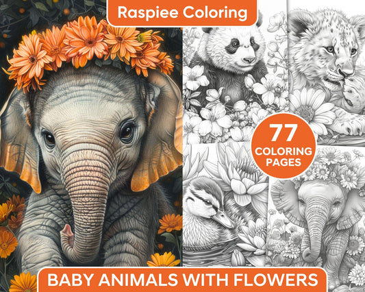 77 Baby Animals with Flowers Grayscale Adult Coloring Pages Printable PDF Instant Download