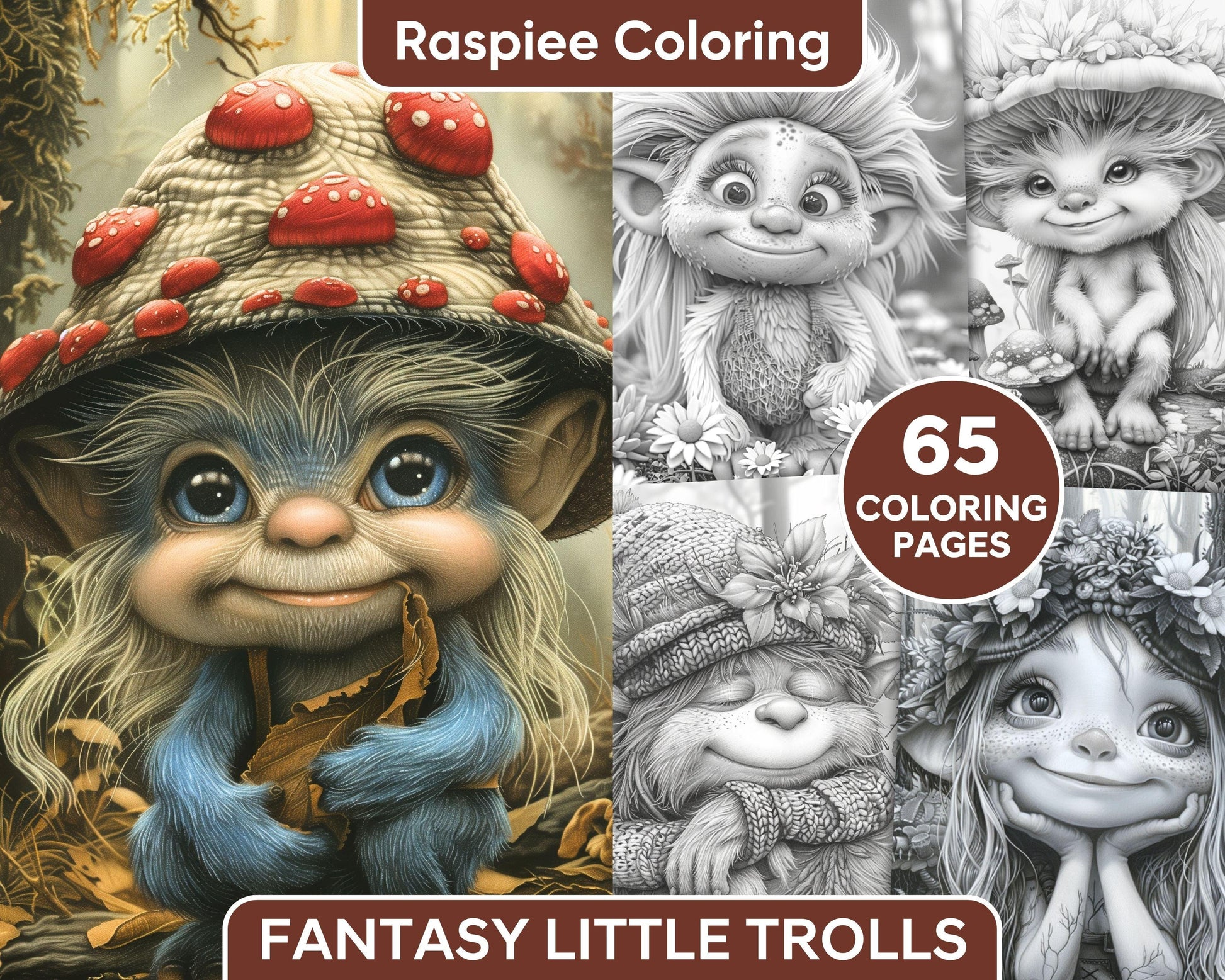 65 Fantasy Little Trolls Grayscale Adult Coloring Pages Printable PDF Instant Download