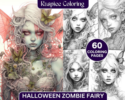 60 Halloween Zombie Fairy Grayscale Coloring Pages Printable for Adults, PDF File Instant Download