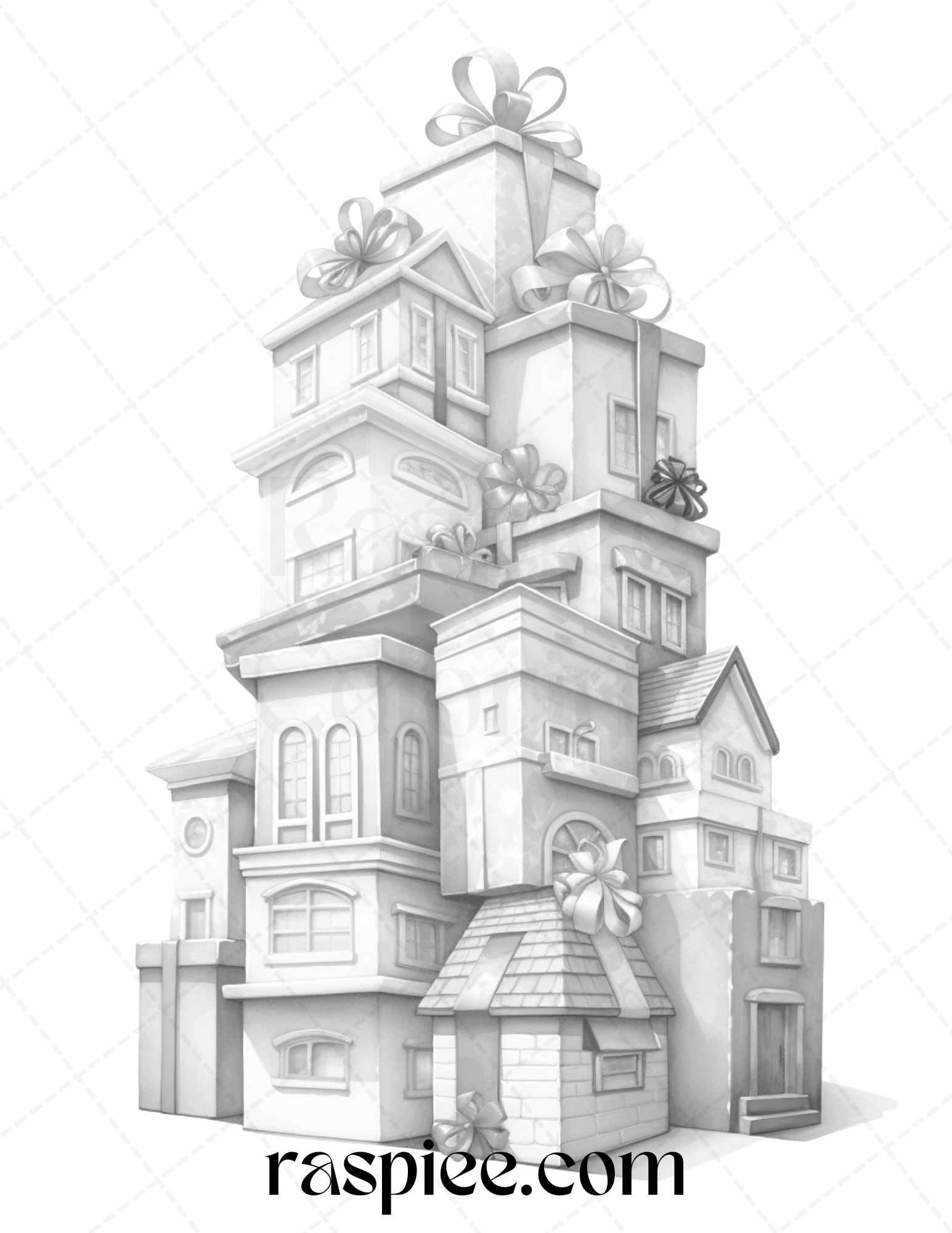 40 Adorable Gift Box Houses Grayscale Coloring Pages Printable for Adults Kids, PDF File Instant Download