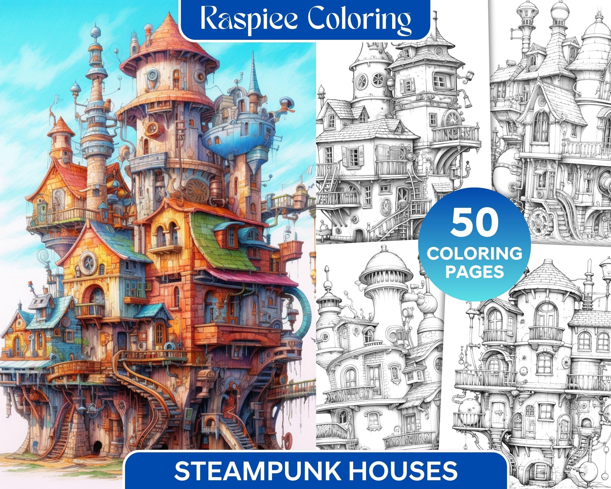 50 Steampunk Houses Grayscale Coloring Pages Printable for Adults, PDF File Instant Download