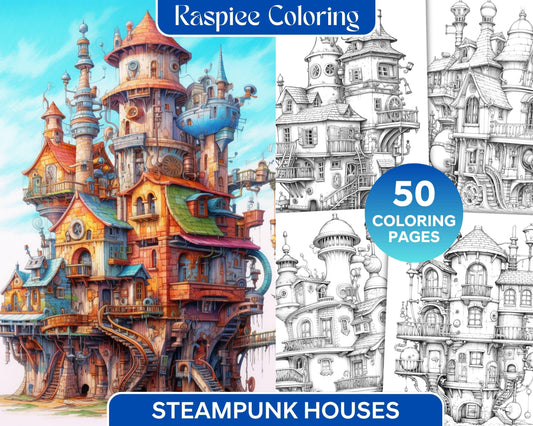 50 Steampunk Houses Grayscale Coloring Pages Printable for Adults, PDF File Instant Download